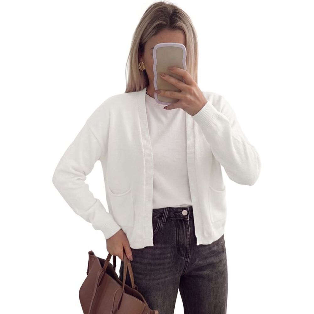 Women Open Front Long Sleeve with Pockets Knit Sweater White
